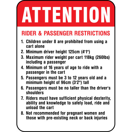 Attention sign outlining rider and passenger restrictions including age, height, and weight requirements.