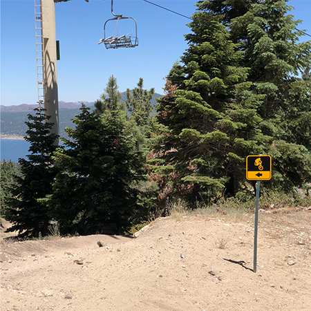 B408, 18 x 18, 12 x 12, bike arrow pointing right, Mountain bike risk and liability, safety, summer, trail, downhill, available on white or yellow coroplast and 12 gauge sign grade aluminum sheeted with top quality, high performance print* or vinyl graphics.. Click to expand image