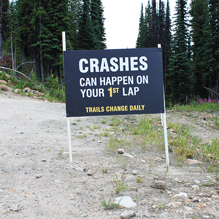 B860 36 x 24, Crashes Can Happen On Your 1st Lap, coroplast, 12 gauge sign grade aluminum sheeted with top quality prismatic reflective, high performance print or vinyl graphics, important information, liability, you assume the risk of injury, mountain bike, bike park, trail sign.. Click to expand image