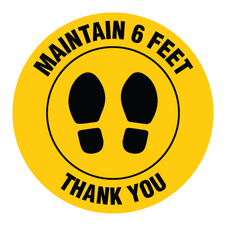F006 Maintain 6ft Thank You - Circular Floor Decal Available in 12" x 12" , 16" x 16" or 24" x 24" - High Performance Yellow Printed Vinyl with Protective Laminate Physical Distancing Floor Decal for Interior or Exterior Application - produced by Inter-Mtn.. Click to expand image