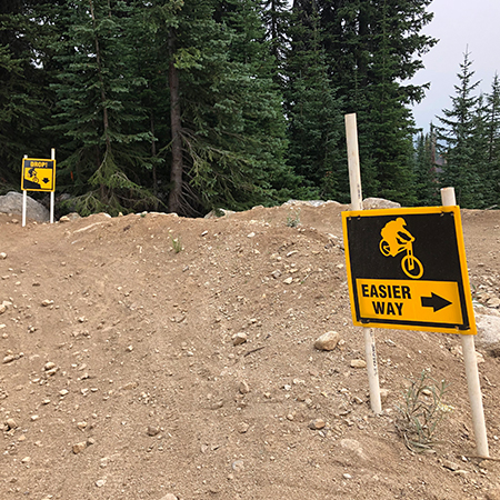 18 x 18, 12 x 12, caution drop, arrows pointing down, Mountain bike risk and liability, safety, summer, trail, downhill, available on white or yellow coroplast and 12 gauge sign grade aluminum sheeted with top quality, high performance print* or vinyl graphics.. Click to expand image