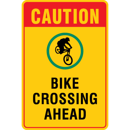 B602, 24 x 36, bike crossing ahead, Mountain bike risk and liability, safety, summer, trail, downhill, available on white or yellow coroplast and 12 gauge sign grade aluminum sheeted with top quality, high performance print* or vinyl graphics.. Click to expand image