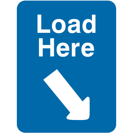 L213 Load Here with diagonal arrow RIGHT (Provide Arrow Direction) 18" x 24" Blue Reflective Aluminum lift sign for ski areas - produced by Inter-Mtn.. Click to expand image