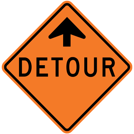 C-006-A Detour ahead with arrow, 30 x 30. Reflective aluminum, traffic and construction sign for all parks, recreational facilities, municipal, city, town. Rules and conditions of your specific area, jurisdiction, produced by Inter-Mtn.