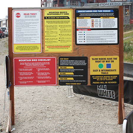B701 B702 B703 B850 B851 B852 White or yellow coroplast, 12 gauge sign grade aluminum sheeted with top quality prismatic reflective, high performance print or vinyl graphics, important information, liability, you assume the risk of injury, mountain bike, bike park, trail sign.. Click to expand image