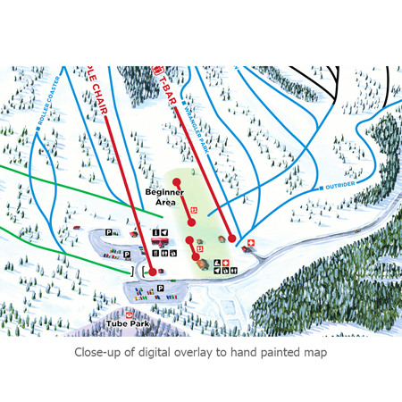 Inter-Mtn.’s graphic artists specialize in custom designing maps that highlight individual ski area features, kid centres, and/or
terrain parks. Using digital printing technology and high-end materials, the maps we supply are durable in the extreme outdoor environments.. Click to expand image