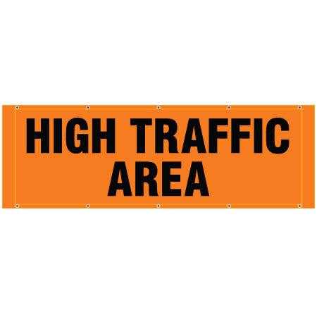 BH37 High Traffic Area, high visibility orange mesh banner 84x30, tear and mildew resistant high tenacity polyester, coated with fade resistant high vis orange vinyl, grommets and sleeves on sides for bamboo poles. Click to expand image