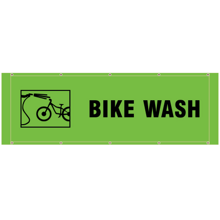 BH51 Bike Wash, Hi Vis Green Banner Horizontal 84 x 30, tear and mildew resistant high tenacity polyester, coated with fade resistant high vis green vinyl, grommets and sleeves on sides for bamboo poles. Click to expand image