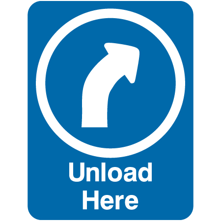 L503 Unload Here with Right Directional Arrow 18" x 24" Blue Reflective Aluminum lift sign for ski areas - produced by Inter-Mtn.. Click to expand image