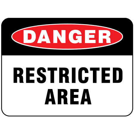 S215 Danger - Restricted Area 24" x 18" White Reflective Aluminum Sign for ski areas produced by Inter-Mtn.. Click to expand image