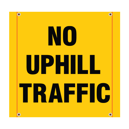 BS13 No Uphill Traffic, high visibility yellow square mesh banner 30x30, high visibility yellow mesh banner 84x30, tear and mildew resistant high tenacity polyester, coated with fade resistant bright yellow vinyl, grommets and sleeves on sides for bamboo poles. Click to expand image