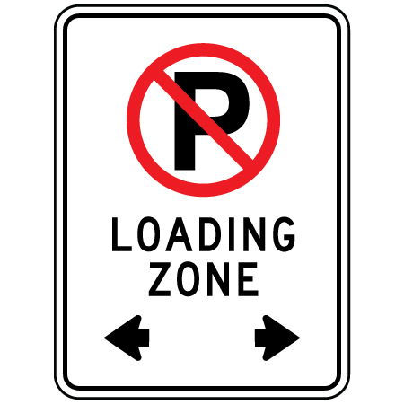 P-003 No loading zone two-way arrows, 18 x 24. Reflective aluminum, traffic and parking sign for all parks, recreational facilities, municipal, city, town. Rules and conditions of your specific area, jurisdiction, produced by Inter-Mtn.. Click to expand image