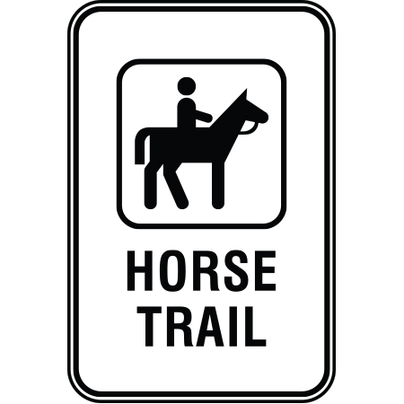 R112 Horse Trail 12 x 18, White Reflective Aluminum Sign, simple message for all parks and recreational facilities. Signs can be easily adapted to BC Parks, Parks Canada, rules and conditions of your specific area, jurisdiction, produced by Inter-Mtn.. Click to expand image