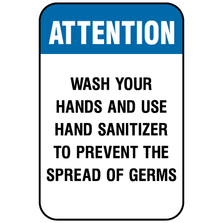 F064 Wash Your Hands and Use Hand Sanitizer 12" x 18", white reflective aluminum physical distancing and covid sign with rounded corners - Inter-Mtn.. Click to expand image