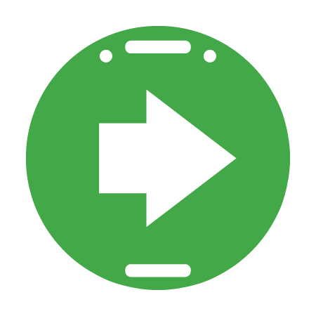 E112, 11.5 x 11.5, right arrow, green circle polythylene disc, UV protected and cost effective marking signs, holes on top to hang from rope, slots top and bottom to fit over bamboo poles, trail and ability markers.. Click to expand image