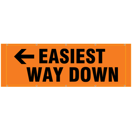 BH28 Easiest Way Down Arrow Pointing Left, high visibility orange mesh banner 84x30, tear and mildew resistant high tenacity polyester, coated with fade resistant high vis orange vinyl, grommets and sleeves on sides for bamboo poles. Click to expand image