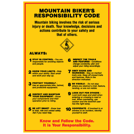 B705 Mountain Biker's Responsibility Code USA vs.2 24" x 36", White or yellow coroplast, 12 gauge sign grade aluminum sheeted with top quality prismatic reflective, high performance print or vinyl graphics, important information, liability, you assume the risk of injury, mountain bike, bike park, trail sign.. Click to expand image