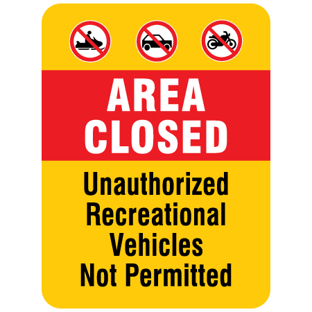 H321 24" x 36" Area Closed Unauthorized Vehicles Not Permitted, yellow reflective aluminum closure sign with rounded corners - ski area sign - Inter-Mtn.. Click to expand image