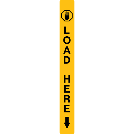 A07 Load Here - Vertical 4" x 36" Yellow Reflective Aluminum ANSI lift line sign for ski areas produced by Inter-Mtn.. Click to expand image