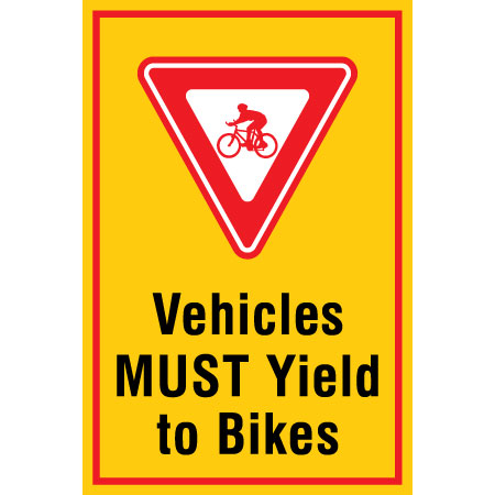 B600, 12 x 18, vehicles must yield to bikes, Mountain bike risk and liability, safety, summer, trail, downhill, available on white or yellow coroplast and 12 gauge sign grade aluminum sheeted with top quality, high performance print* or vinyl graphics.. Click to expand image
