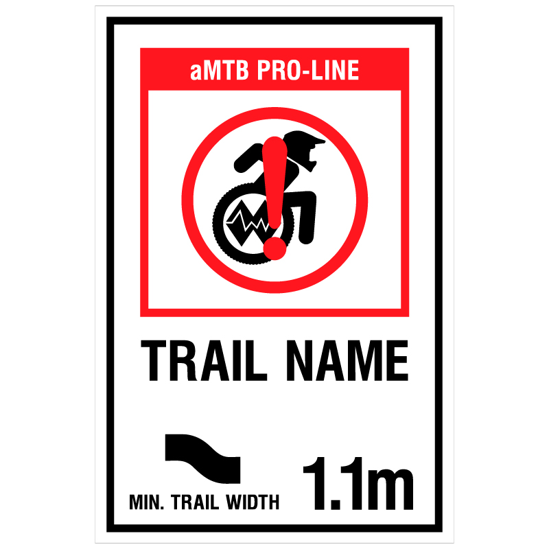 aMTB Pro-Line - Extreme trail features not suitable for most adaptive equipment. Signage for adaptive mountain biking technical trails shows trail designation. The aMTB symbol indicates accessibility for adaptive bikes/riders on adaptive bike-friendly aMTB trails on trail networks.