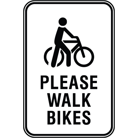R114 Please Walk Bikes, 12 x 18, White Reflective Aluminum Sign, simple message for all parks and recreational facilities. Signs can be easily adapted to BC Parks, Parks Canada, rules and conditions of your specific area, jurisdiction, produced by Inter-Mtn.. Click to expand image