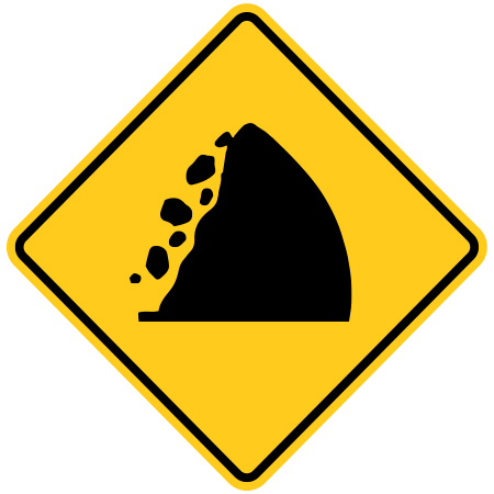 W-042 Warning falling rocks, 24 x 24, 30 x 30. Reflective aluminum, traffic sign for all parks, recreational facilities, municipal, city, town. Rules and conditions of your specific area, jurisdiction, produced by Inter-Mtn.. Click to expand image