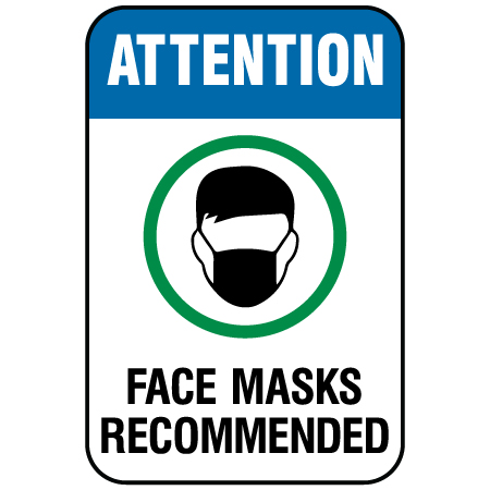 F052 Face Masks Recommended 12" x 18", white reflective aluminum physical distancing and covid sign with rounded corners - Inter-Mtn.. Click to expand image