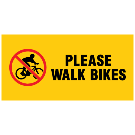 B891 Please Walk Bikes 48" x 24", White or yellow coroplast, 12 gauge sign grade aluminum sheeted with top quality prismatic reflective, high performance print or vinyl graphics, important information, liability, you assume the risk of injury, mountain bike, bike park, trail sign.. Click to expand image