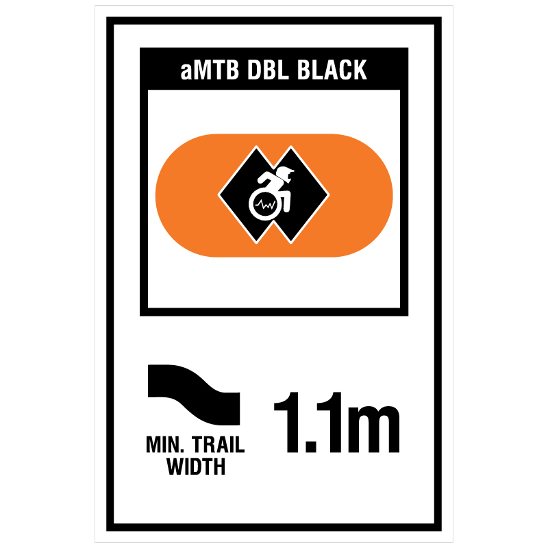 aMTB DBL Black - Expert trail features not suitable for some adaptive equipment. Signage for adaptive mountain biking freeride trails shows trail designation surrounded by an orange pill. The aMTB symbol indicates accessibility for adaptive bikes/riders on adaptive bike-friendly aMTB trails on trail networks.