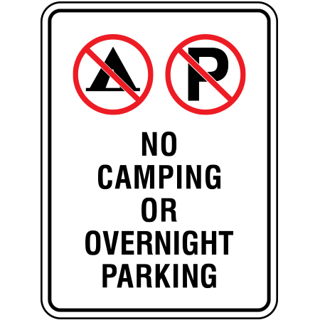R201 No camping or overnight parking, 18 x 24, White Reflective Aluminum Sign, simple message for all parks and recreational facilities. Signs can be easily adapted to BC Parks, Parks Canada, rules and conditions of your specific area, jurisdiction, produced by Inter-Mtn.. Click to expand image