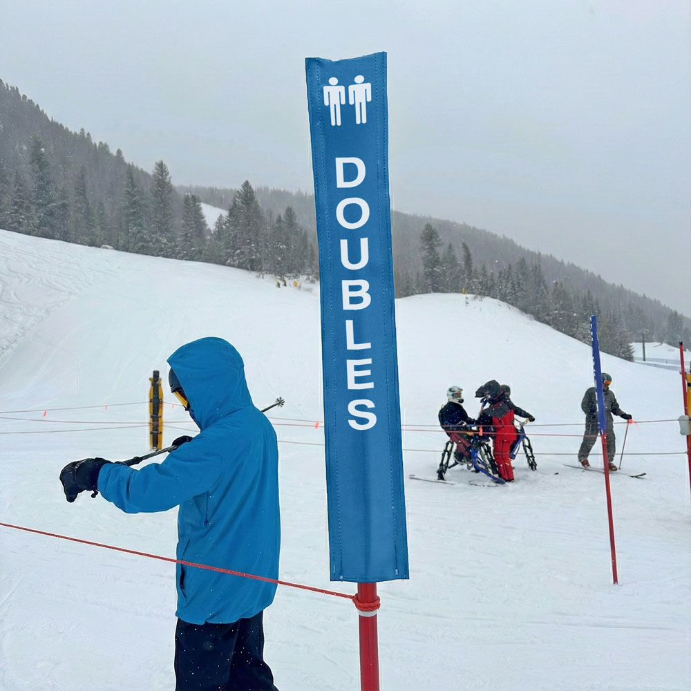 18oz vinyl banner material with a digital print - Pole Banner for ski resorts that reads Doubles. Click to expand image