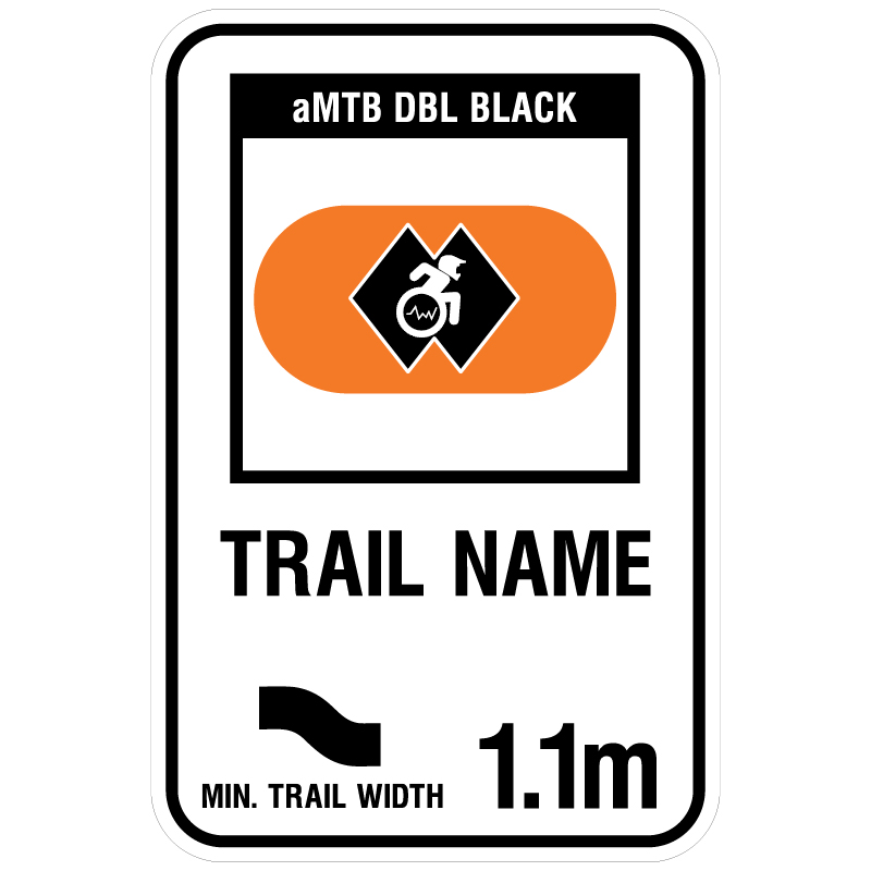 aMTB DBL Black - Expert trail features not suitable for some adaptive equipment. Signage for adaptive mountain biking freeride trails shows trail designation surrounded by an orange pill. The aMTB symbol indicates accessibility for adaptive bikes/riders on adaptive bike-friendly aMTB trails on trail networks.. Click to expand image