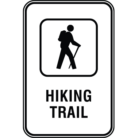 R100 12 x 18, Hiking Trail, White Reflective Aluminum Sign, simple message for all parks and recreational facilities. Signs can be easily adapted to BC Parks, Parks Canada, rules and conditions of your specific area, jurisdiction, produced by Inter-Mtn.. Click to expand image