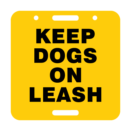 D52, 11.5 x 11.5 Keep Dogs On Leash, yellow square polythylene disc, UV protected and cost effective marking signs, holes on top to hang from rope, slots top and bottom to fit over bamboo poles, trail and ability markers.. Click to expand image