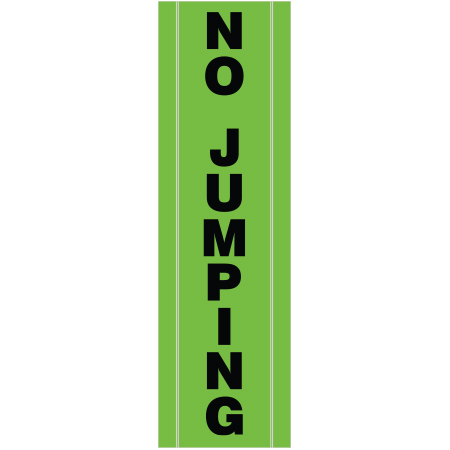 BV10 No Jumping, high visibility green vertical mesh banner 18x60, tear and mildew resistant high tenacity polyester, coated with fade resistant high vis green vinyl, grommets and sleeves on sides for bamboo poles. Click to expand image