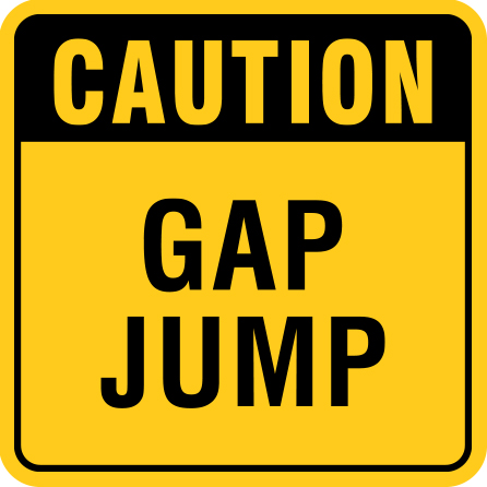 B415, 18 x 18, 12 x 12, caution gap jump, Mountain bike risk and liability, safety, summer, trail, downhill, available on white or yellow coroplast and 12 gauge sign grade aluminum sheeted with top quality, high performance print* or vinyl graphics.. Click to expand image
