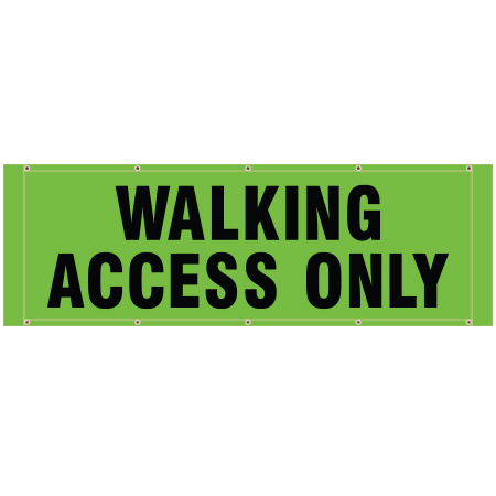 BH29 Walking Access Only, high visibility green mesh banner 84x30, tear and mildew resistant high tenacity polyester, coated with fade resistant high vis green vinyl, grommets and sleeves on sides for bamboo poles. Click to expand image