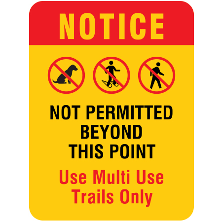 W211 Notice - Dogs, Snowshoes, Walking, Not Permitted Beyond this Point 18" x 24", yellow reflective aluminum winter adventure sign with rounded corners - ski area sign - Inter-Mtn.. Click to expand image