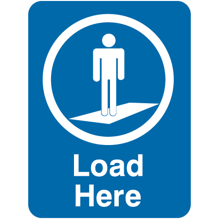 L504 Load Here with Conveyor Symbol 18" x 24" Blue Reflective Aluminum lift sign for ski areas - produced by Inter-Mtn.. Click to expand image