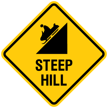 Steep hill with snowmobile going down a steep hill sign for snowmobile clubs by Inter-Mtn.