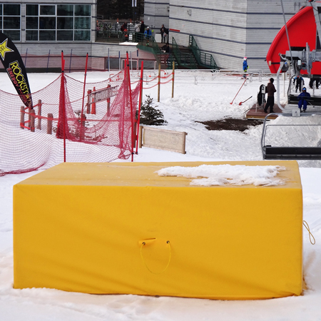 Crash Mat with Foam 8' x 7.5' x 30" with Mesh Air Release and 4 Webbing Handles Sewn into Seam with Velcro Closure - Yellow 18oz Vinyl.. Click to expand image