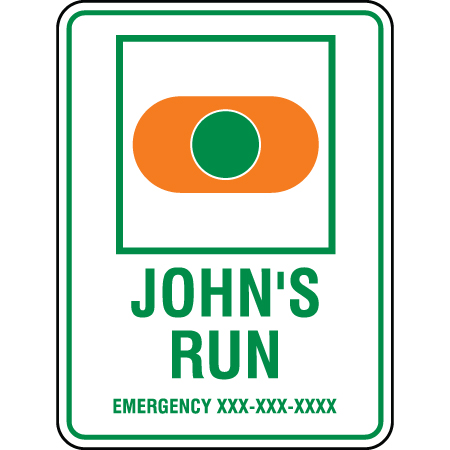 B200 18 x 24,  Green Freeride Mountain Bike Trail Sign, Johns Run, Emergency #, coroplast and 12 gauge sign grade aluminum sheeted with top quality, high performance print* or vinyl graphics, direct people in all trail systems, technical, cross-country, freeride, downhill, professional, difficulty levels, choose your symbol, custom, mountain bike risk and liability, safety, summer, trail, downhill.. Click to expand image