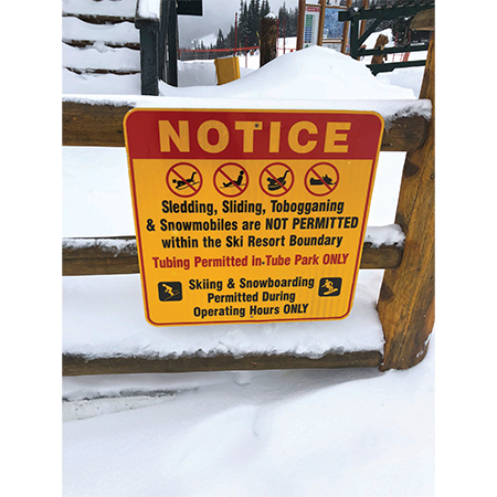 H610 36" x 36", 24" x 24", Aluminum Sign - Notice Sledding, Sliding & Tobogganing NOT PERMITTED, Tubing Permitted, Skiing & Snow.. Click to expand image