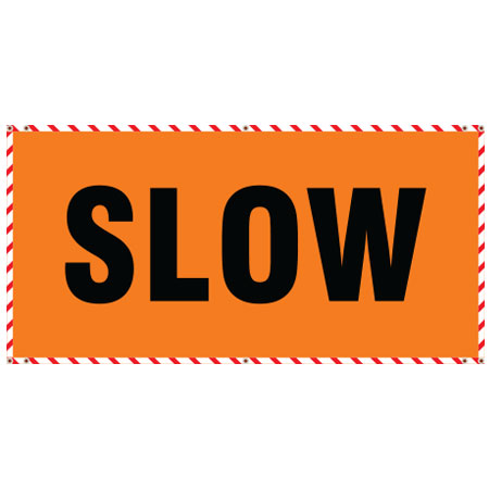 72" x 36" Hi Vis Orange Banner Horizontal with Red/White Ticker Tape - Grommets no Pole Pockets - Slow