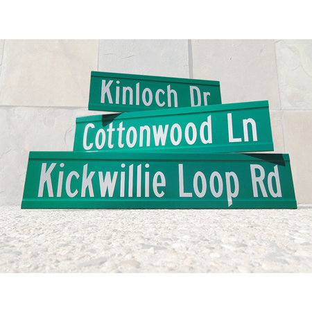 Street Sign extruded style, 6" height (Dogbone) Double Sided Sheeted with Engineer grade reflective and cut vinyl letters with various street names - Custom Length.. Click to expand image