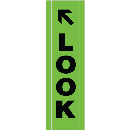BV07 Look Left Arrow, high visibility green vertical mesh banner 18x60, tear and mildew resistant high tenacity polyester, coated with fade resistant high vis green vinyl, grommets and sleeves on sides for bamboo poles. Click to expand image
