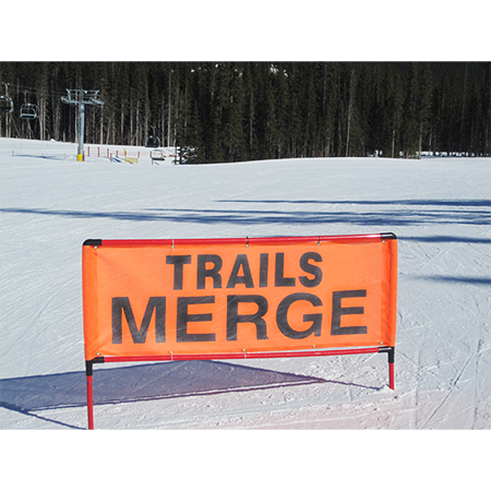 BH02 trails merge, high visibility orange mesh banner 84x30, tear and mildew resistant high tenacity polyester, coated with fade resistant high vis orange vinyl, grommets and sleeves on sides for bamboo poles.. Click to expand image
