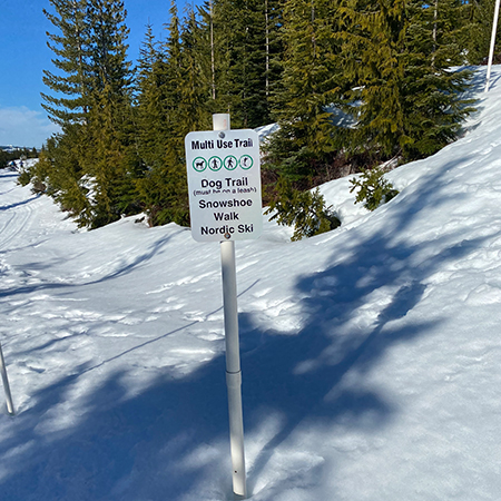 W208 Multi Use Trail 18" x 24", White reflective aluminum winter adventure sign with rounded corners - ski area sign - Inter-Mtn.. Click to expand image