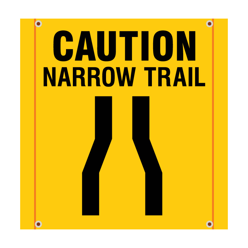 Caution Trails Merge - square banner for Ski Resorts, Bike Parks, and outdoor recreation. Made of hi vis mesh, tear and mildew resistant high tenacity polyester, coated with fade resistant bright yellow vinyl, grommets and sleeves on sides for bamboo poles. Click to expand image